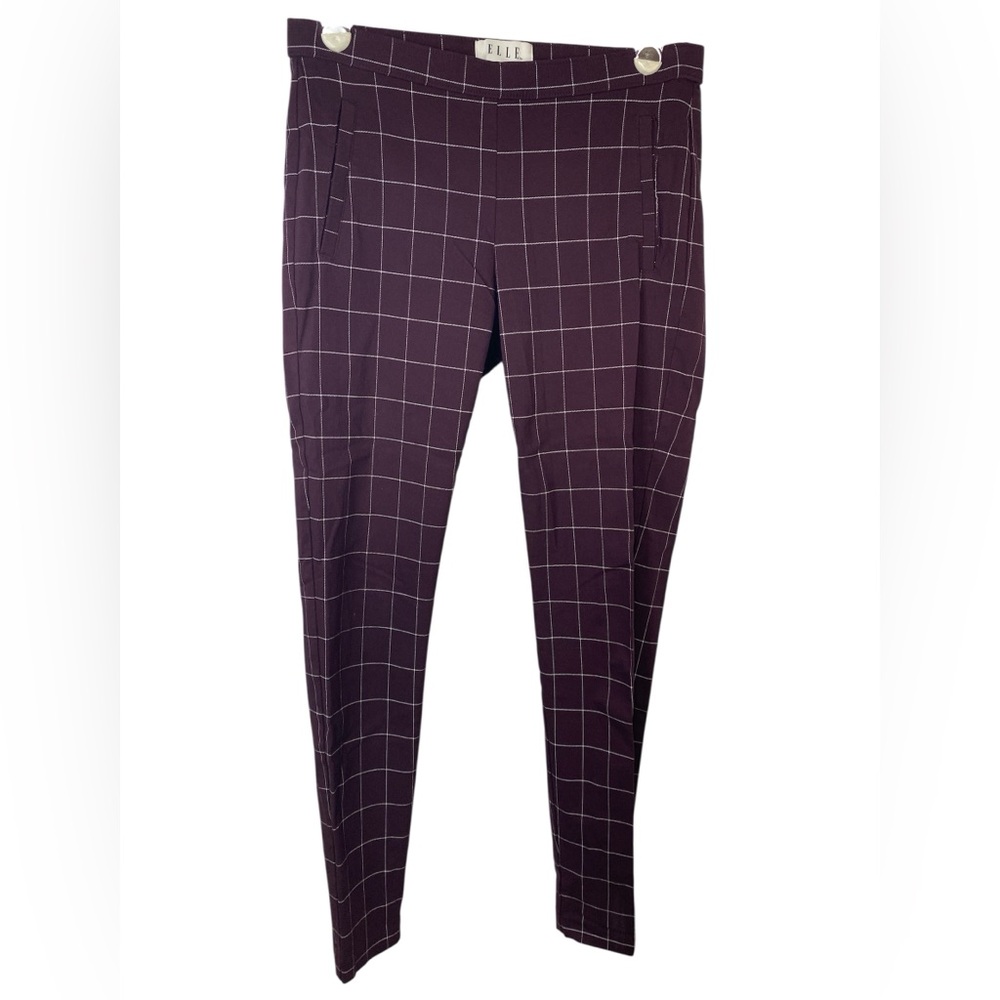 Elle Dark Purple Grid Pattern Pull On Pants Women’s Small